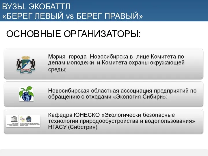 ОСНОВНЫЕ ОРГАНИЗАТОРЫ: ВУЗЫ. ЭКОБАТТЛ «БЕРЕГ ЛЕВЫЙ vs БЕРЕГ ПРАВЫЙ»