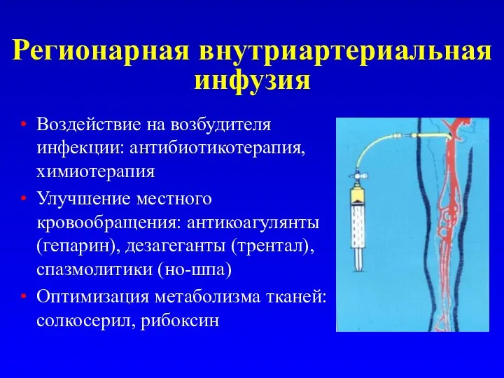 Регионарная внутриартериальная инфузия Воздействие на возбудителя инфекции: антибиотикотерапия, химиотерапия Улучшение местного