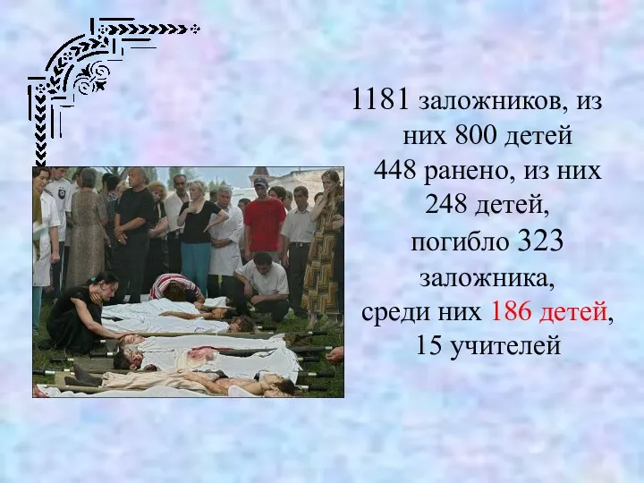 1181 заложников, из них 800 детей 448 ранено, из них 248