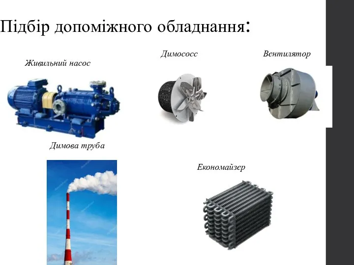 Підбір допоміжного обладнання: Живильний насос Димососс Вентилятор Димова труба Економайзер