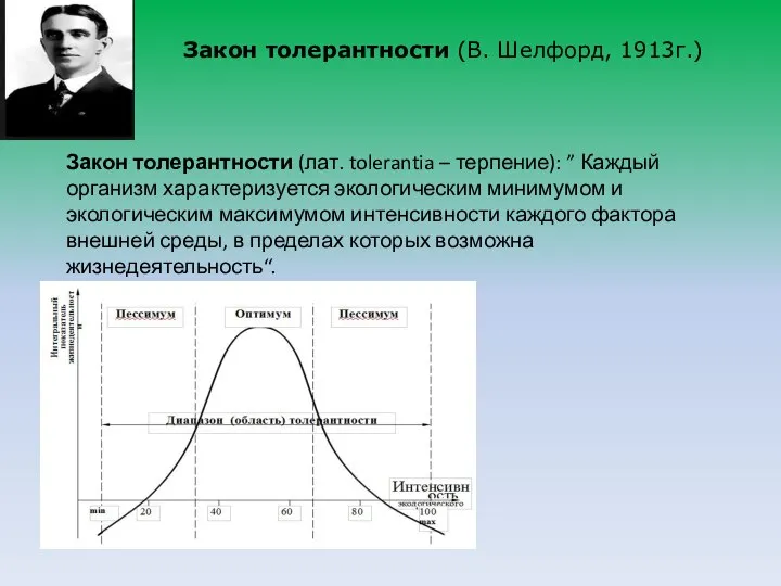 Закон толерантности (В. Шелфорд, 1913г.) Закон толерантности (лат. tolerantia – терпение):