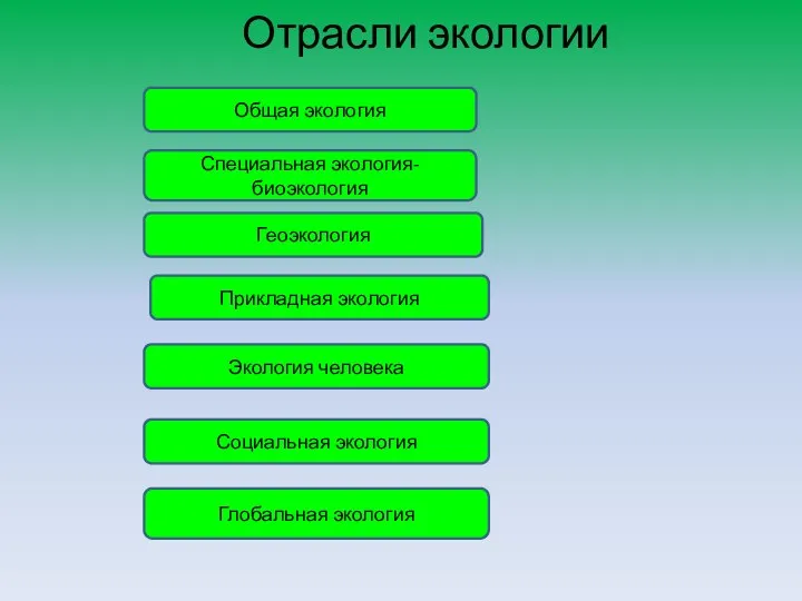 Отрасли экологии Общая экология Специальная экология-биоэкология Геоэкология Прикладная экология Экология человека Глобальная экология Социальная экология