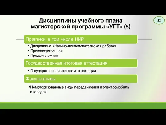 Немоторизованные виды передвижения и электромобиль в городах Дисциплины учебного плана магистерской программы «УГТ» (5) 22