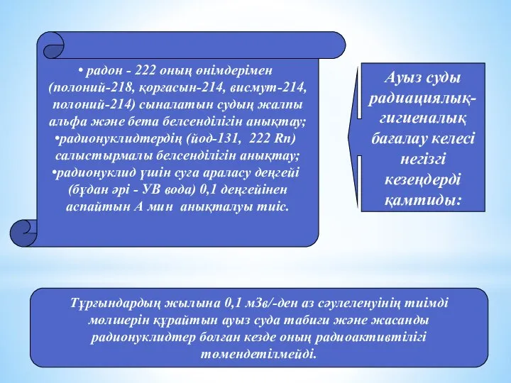 Тұрғындардың жылына 0,1 мЗв/-ден аз сәулеленуінің тиімді мөлшерін құрайтын ауыз суда