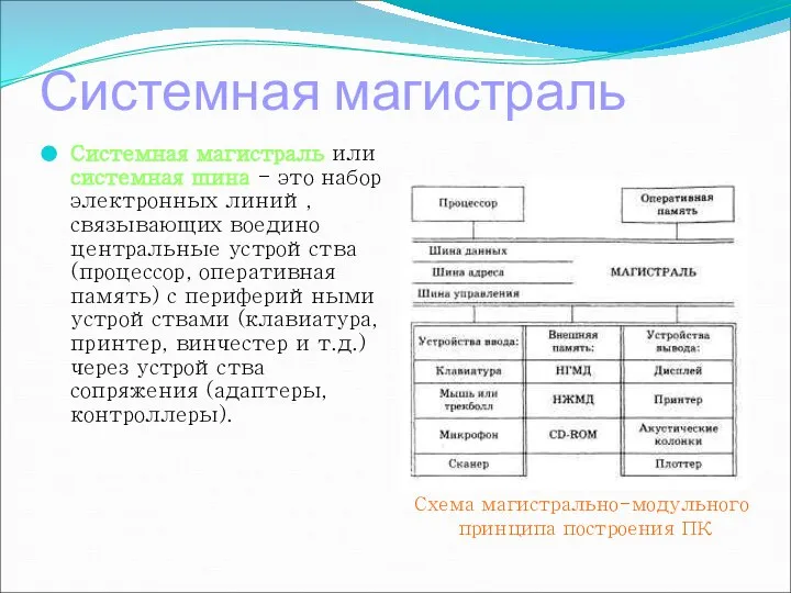 Системная магистраль Системная магистраль или системная шина - это набор электронных