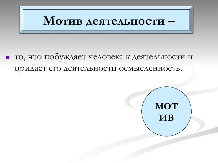 то, что побуждает человека к деятельности и придает его деятельности осмысленность. МОТИВ Мотив деятельности –