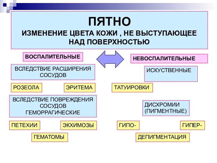 ПЯТНО ИЗМЕНЕНИЕ ЦВЕТА КОЖИ , НЕ ВЫСТУПАЮЩЕЕ НАД ПОВЕРХНОСТЬЮ ВОСПАЛИТЕЛЬНЫЕ НЕВОСПАЛИТЕЛЬНЫЕ