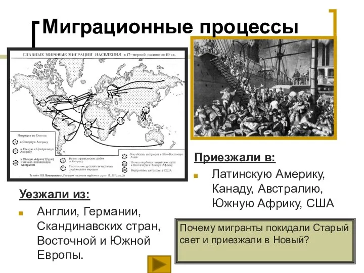 Уезжали из: Англии, Германии, Скандинавских стран, Восточной и Южной Европы. Миграционные