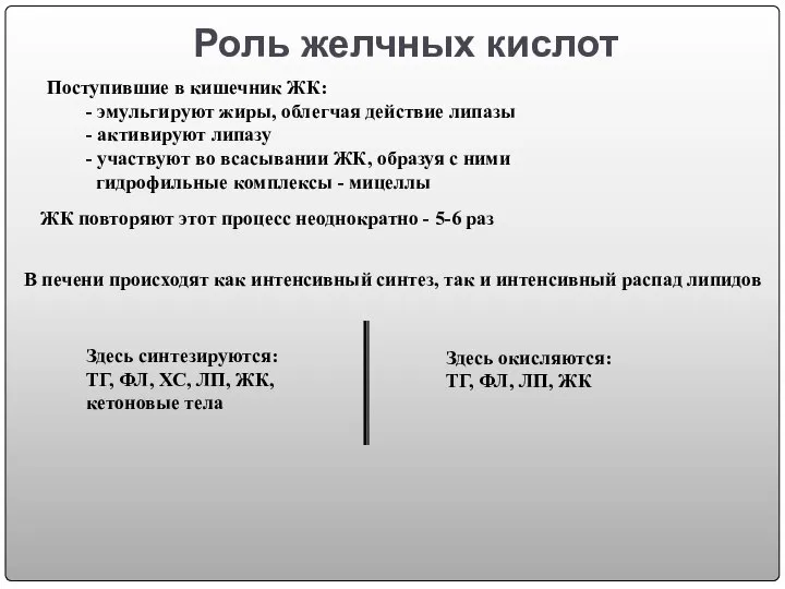 Роль желчных кислот Поступившие в кишечник ЖК: - эмульгируют жиры, облегчая