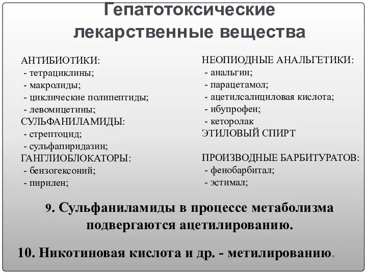 Гепатотоксические лекарственные вещества АНТИБИОТИКИ: - тетрациклины; - макролиды; - циклические полипептиды;