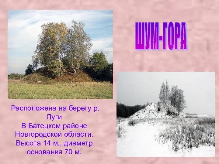 ШУМ-ГОРА Расположена на берегу р.Луги В Батецком районе Новгородской области. Высота