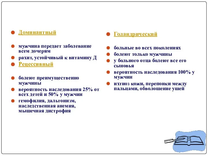 Сцепленный с полом тип Доминантный мужчина передает заболевание всем дочерям рахит,