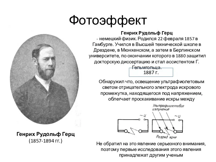 Фотоэффект Генрих Рудольф Герц (1857-1894 гг.) Генрих Рудольф Герц - немецкий