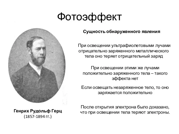 Фотоэффект Генрих Рудольф Герц (1857-1894 гг.) Сущность обнаруженного явления При освещении