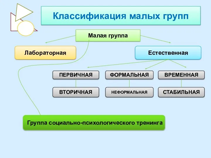 Классификация малых групп Малая группа Лабораторная Естественная ВТОРИЧНАЯ НЕФОРМАЛЬНАЯ ВРЕМЕННАЯ СТАБИЛЬНАЯ ПЕРВИЧНАЯ ФОРМАЛЬНАЯ Группа социально-психологического тренинга