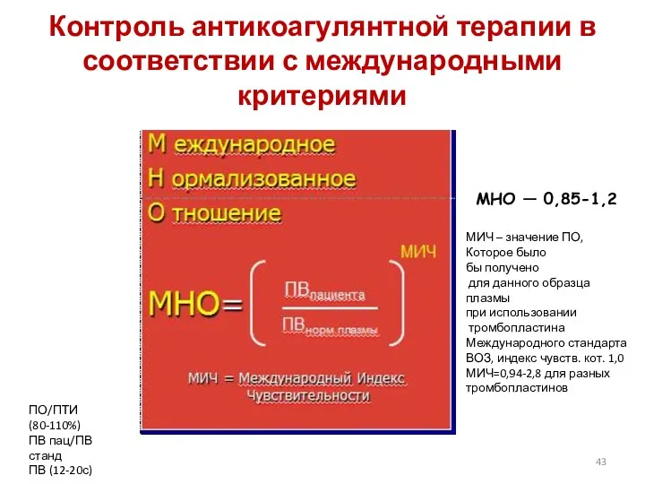 Контроль антикоагулянтной терапии в соответствии с международными критериями МНО — 0,85-1,2