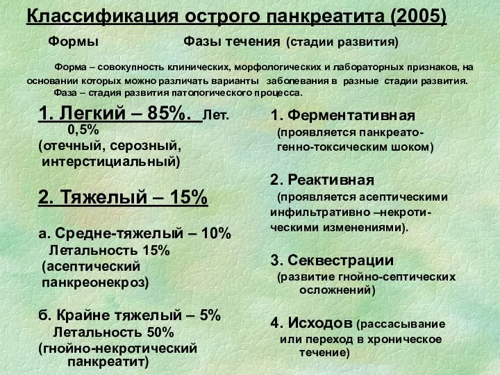 Классификация острого панкреатита (2005) Формы Фазы течения (стадии развития) Форма –