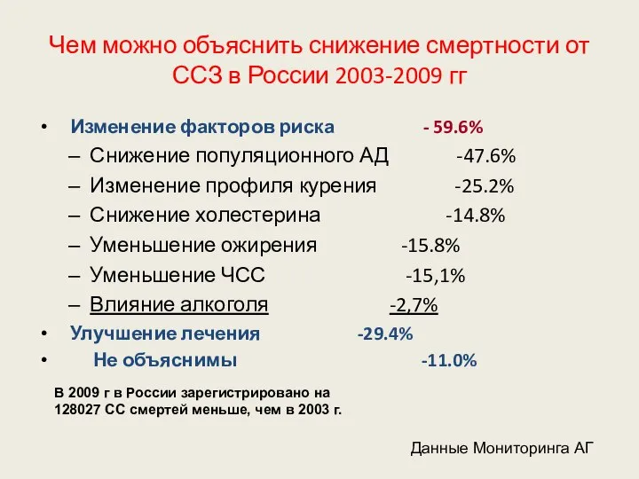 Чем можно объяснить снижение смертности от ССЗ в России 2003-2009 гг