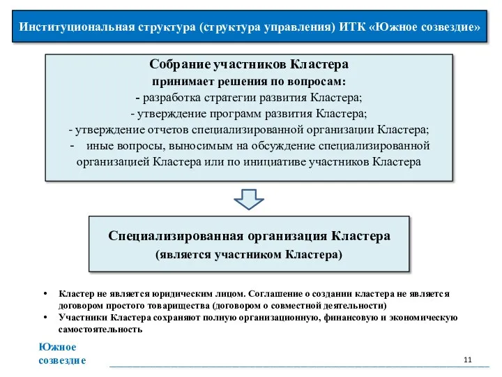 Институциональная структура (структура управления) ИТК «Южное созвездие» Специализированная организация Кластера (является