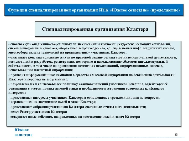 Функции специализированной организации ИТК «Южное созвездие» (продолжение) Специализированная организация Кластера ___________________________________________________________________________________________________