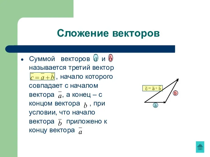 Сложение векторов Суммой векторов и называется третий вектор , начало которого