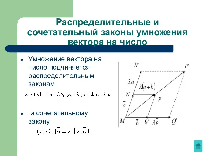 Распределительные и сочетательный законы умножения вектора на число Умножение вектора на