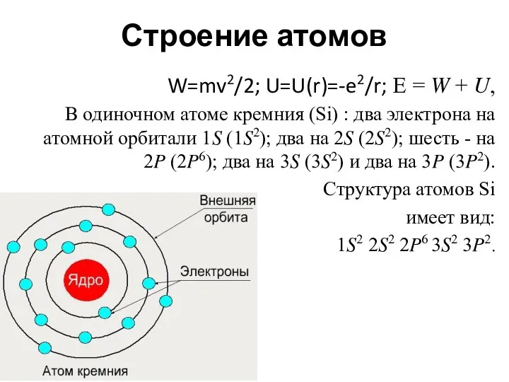 Строение атомов W=mv2/2; U=U(r)=-e2/r; E = W + U, В одиночном