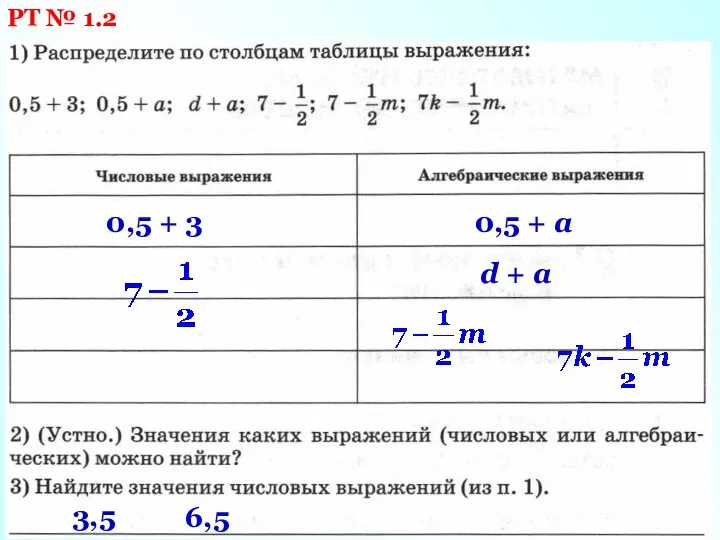 РТ № 1.2 0,5 + 3 0,5 + a d + a 3,5 6,5