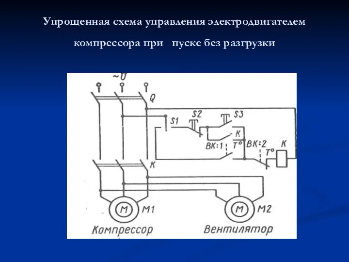 Упрощенная схема управления электродвигателем компрессора при пуске без разгрузки