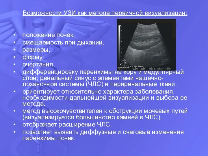 Возможности УЗИ как метода первичной визуализации: положение почек, смещаемость при дыхании,