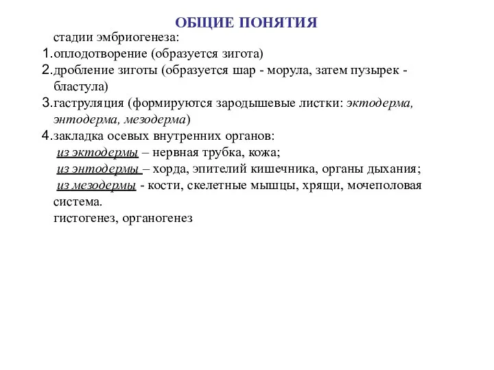 ОБЩИЕ ПОНЯТИЯ стадии эмбриогенеза: оплодотворение (образуется зигота) дробление зиготы (образуется шар