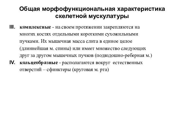 Общая морфофункциональная характеристика скелетной мускулатуры комплексные - на своем протяжении закрепляются