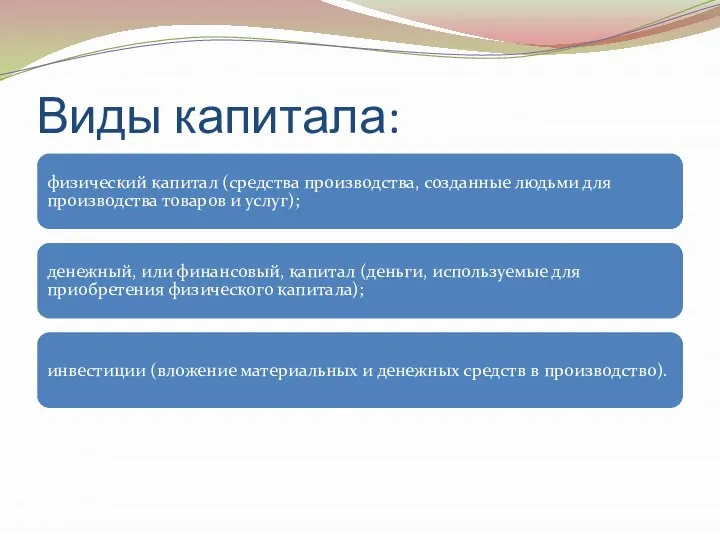 Виды капитала: физический капитал (средства производства, созданные людьми для производства товаров