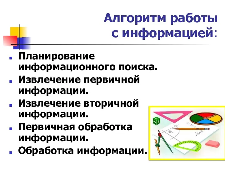 Алгоритм работы с информацией: Планирование информационного поиска. Извлечение первичной информации. Извлечение