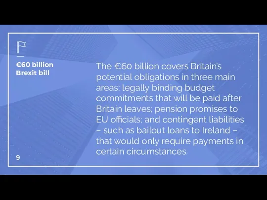 €60 billion Brexit bill The €60 billion covers Britain’s potential obligations