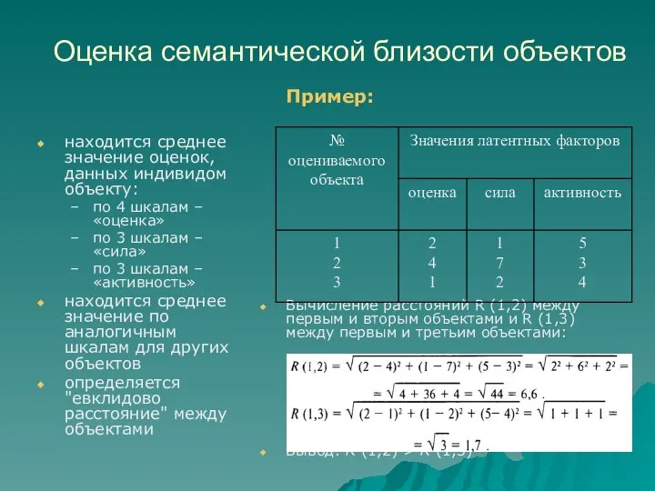 Оценка семантической близости объектов находится среднее значение оценок, данных индивидом объекту: