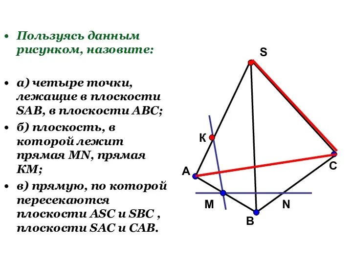 Пользуясь данным рисунком, назовите: а) четыре точки, лежащие в плоскости SAB,