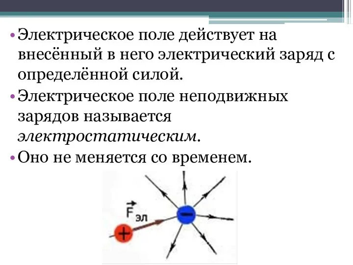 Электрическое поле действует на внесённый в него электрический заряд с определённой