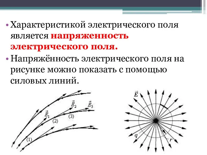 Характеристикой электрического поля является напряженность электрического поля. Напряжённость электрического поля на