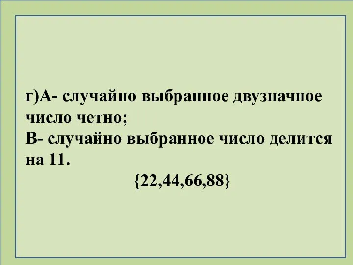 г)А- случайно выбранное двузначное число четно; В- случайно выбранное число делится на 11. {22,44,66,88}