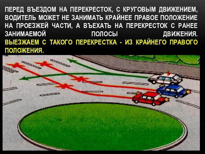 ПЕРЕД ВЪЕЗДОМ НА ПЕРЕКРЕСТОК, С КРУГОВЫМ ДВИЖЕНИЕМ, ВОДИТЕЛЬ МОЖЕТ НЕ ЗАНИМАТЬ