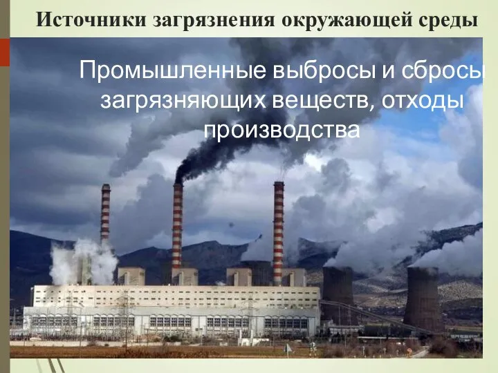 Промышленные выбросы и сбросы загрязняющих веществ, отходы производства Источники загрязнения окружающей среды