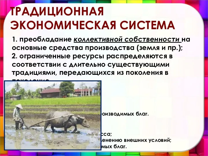 ТРАДИЦИОННАЯ ЭКОНОМИЧЕСКАЯ СИСТЕМА 1. преобладание коллективной собственности на основные средства производства