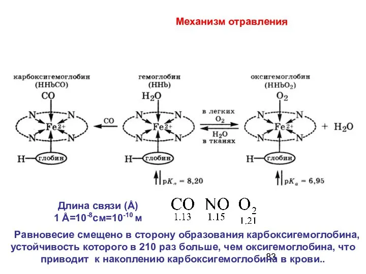 Равновесие смещено в сторону образования карбоксигемоглобина, устойчивость которого в 210 раз