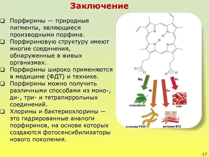 Заключение Порфирины — природные пигменты, являющиеся производными порфина. Порфириновую структуру имеют