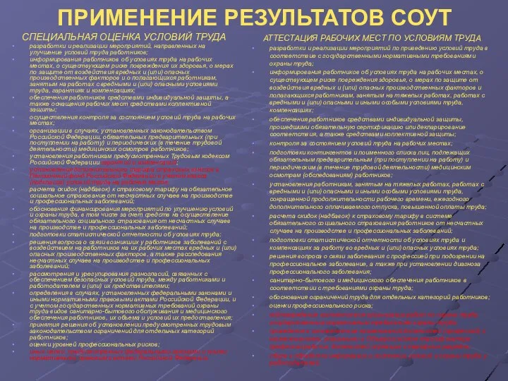 ПРИМЕНЕНИЕ РЕЗУЛЬТАТОВ СОУТ СПЕЦИАЛЬНАЯ ОЦЕНКА УСЛОВИЙ ТРУДА разработки и реализации мероприятий,