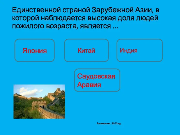 Единственной страной Зарубежной Азии, в которой наблюдается высокая доля людей пожилого