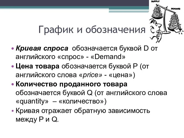 График и обозначения Кривая спроса обозначается буквой D от английского «спрос»