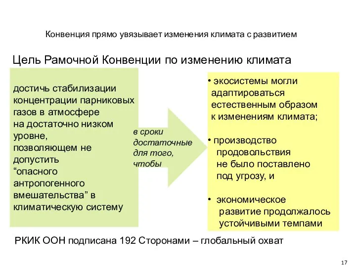 Конвенция прямо увязывает изменения климата с развитием Цель Рамочной Конвенции по