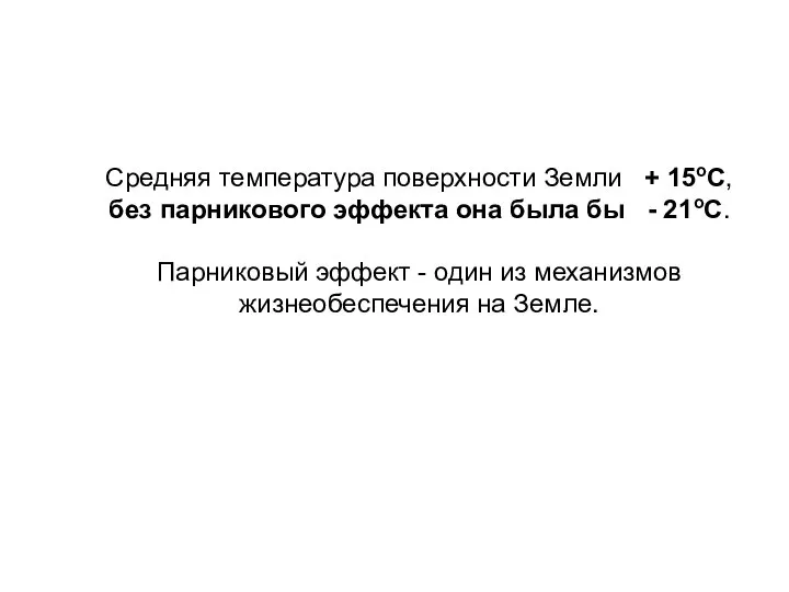 Средняя температура поверхности Земли + 15оС, без парникового эффекта она была